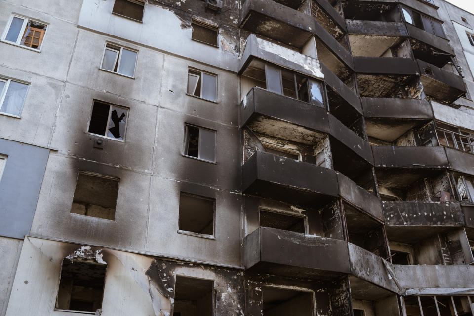 BORODYANKA, UKRAINE - MAY 11: A view of damaged building as daily life resumes slowly in Borodyanka where main street, Lenina street has being a stage of pure destruction in Ukraine on May 11, 2022. (Photo by Andre Luis Alves/Anadolu Agency via Getty Images)