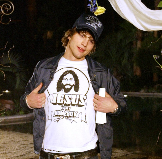 A man modeling a "Jesus is my Homeboy" T-shirt