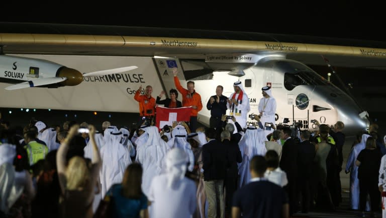 Solar Impulse 2 and crew are greeted upon arrival at Al Batin Airport in Abu Dabi on completion of its world tour on July 26, 2016 in the United Arab Emirates