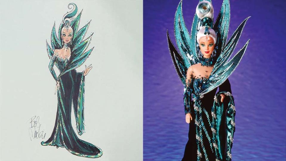 (from left): Mackie’s sketch for 1992’s Neptune Fantasy Barbie and the finished product