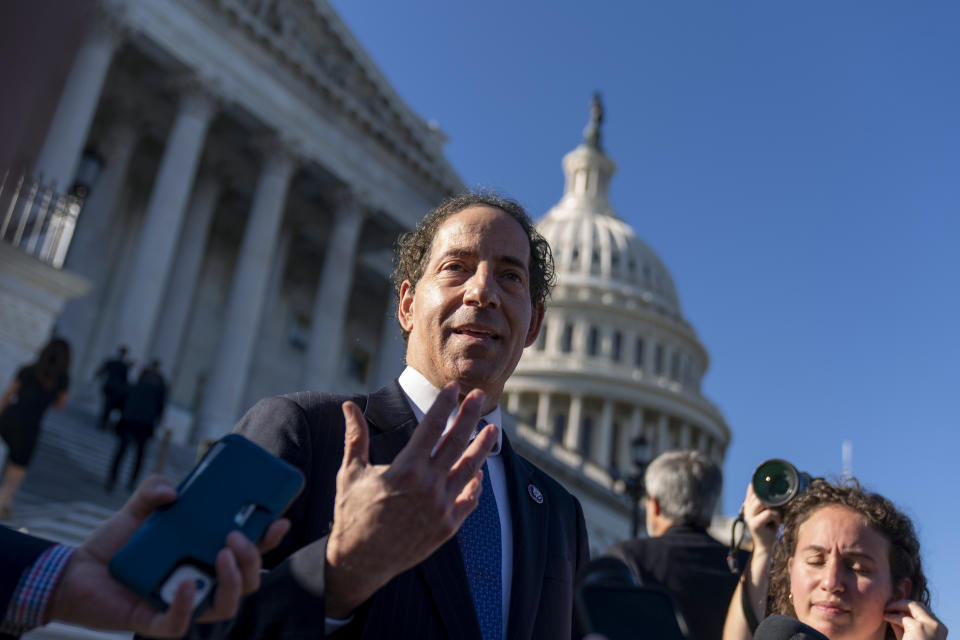 Rep. Jamie Raskin, D-Md., speaks to reporters after the House voted to hold former White House Senior Adviser Steve Bannon in contempt of Congress, Thursday, Oct. 21, 2021, at the Capitol in Washington, for defying a subpoena from the committee investigating the violent Jan. 6 Capitol insurrection. (AP Photo/Andrew Harnik)