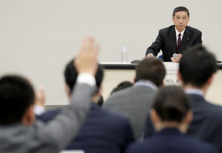 Nissan President and Chief Executive Officer Hiroto Saikawa attends a news conference at the company headquarters in Yokohama