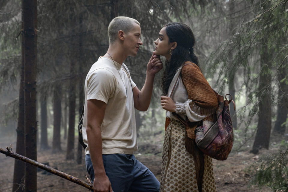 This image released by Lionsgate shows Tom Blyth, left, and Rachel Zegler in a scene from "The Hunger Games: The Ballad of Songbirds and Snakes." (Lionsgate via AP)