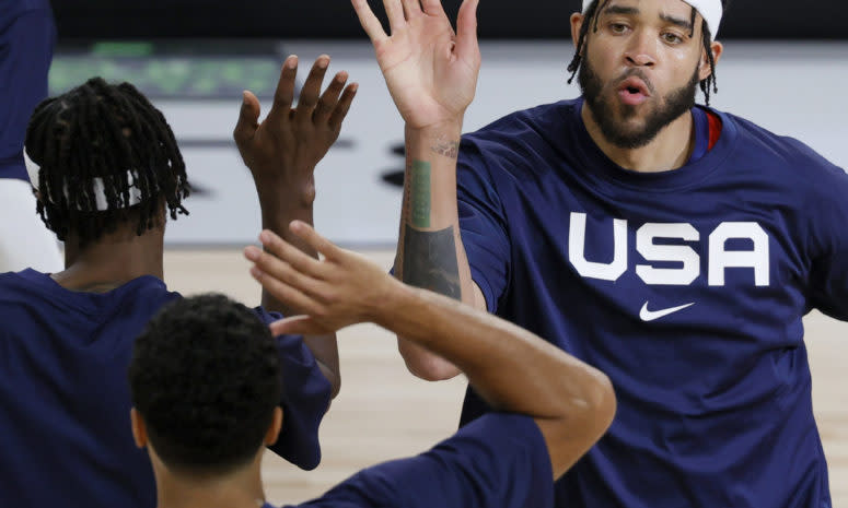 JaVale McGee warms up before a game.