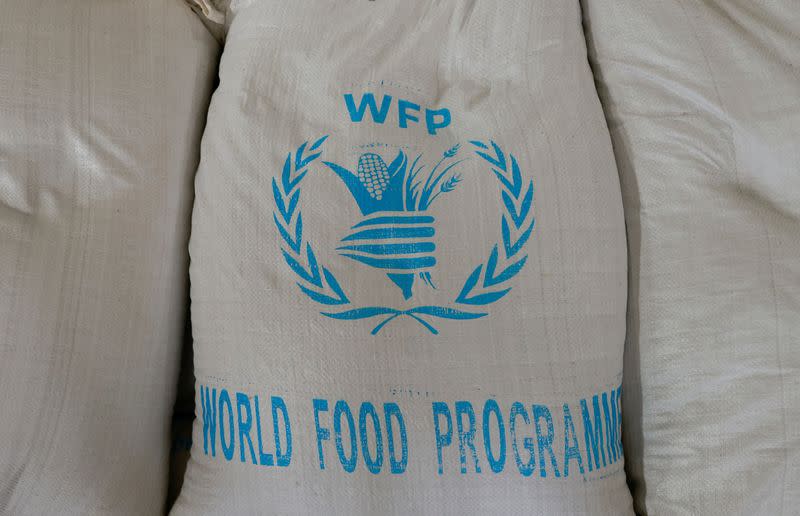 FILE PHOTO: A pile of grain bags with relief that was sent from Ukraine is seen at the WFP warehouse in Adama town