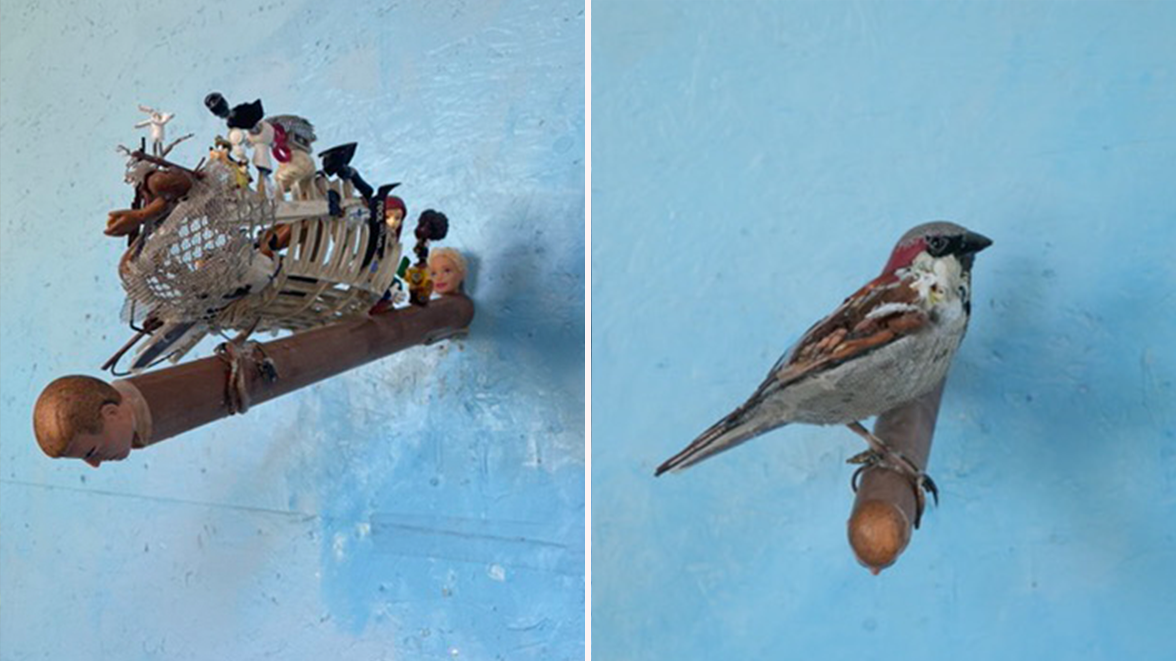 Left: The side of the sparrow sculpture reveals the components used. Right: From the front the sculpture looks like a realistic sparrow.