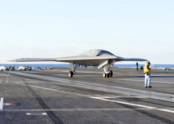 The U.S. Navy's X-47B drone went through the motions necessary to take off from the deck of an aircraft carrier.