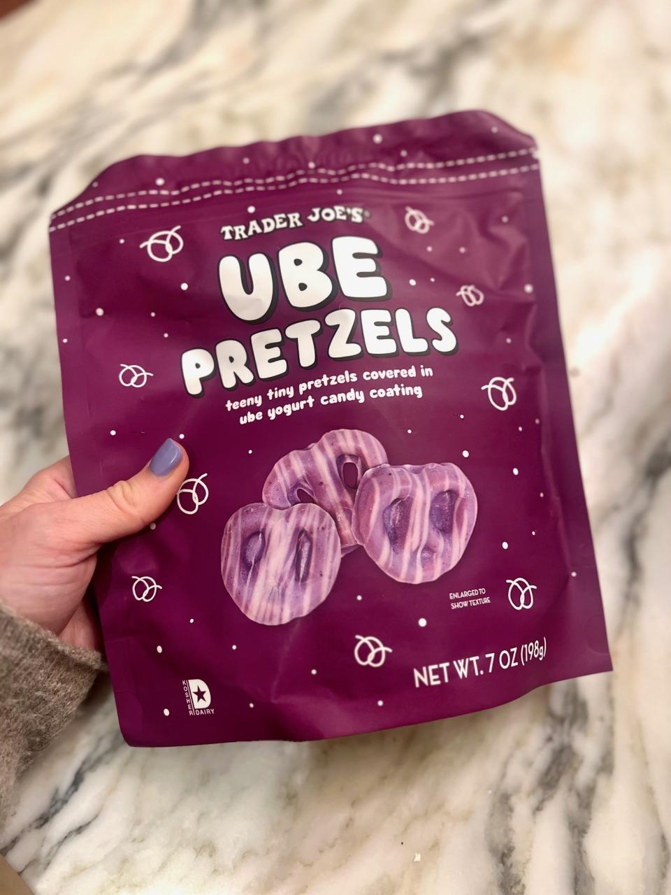 A bag of ube pretzels.