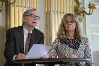 Members of the Swedish Academy Chairman of the Committee for Literature Anders Olsson, left, and member of the Nobel Prize Committee for Literature Ellen Mattson speak during the announcement of the 2022 Nobel Prize in Literature, in Borshuset, Stockholm, Sweden, Thursday, Oct. 6, 2022. The 2022 Nobel Prize in literature was awarded to French author Annie Ernaux, for “the courage and clinical acuity with which she uncovers the roots, estrangements and collective restraints of personal memory,” the Nobel committee said. (Henrik Montgomery/TT News Agency via AP)