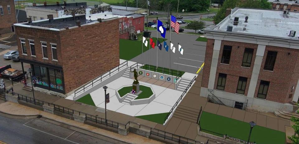 An artist’s rendering shows what a new location for a World War I doughboy statue could look like.