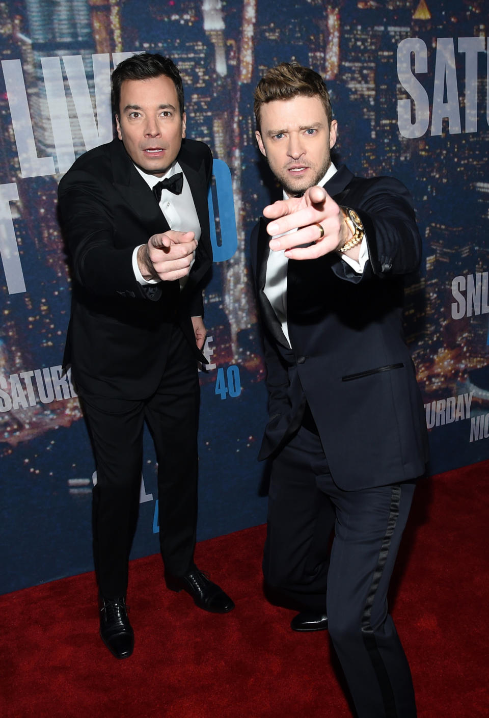 Jimmy Fallon and Justin Timberlake show off their bromance on the red carpet in sharp suits.