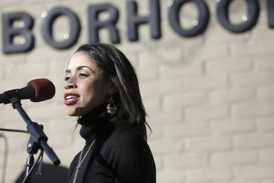 FILE - In this Jan. 28, 2017 file photo, Houston Councilwoman Amanda Edwards talks during a mural dedication at The Beulah Shepard Library in Houston. Texas has some competitive U.S. House races on the ballot in Tuesday's primarie. An unusually tight race is brewing for Democratic U.S. Rep. Sheila Jackson Lee's seat after she lost her bid to become Houston's mayor last year. She faces a challenge from former Houston City Councilwoman Amanda Edwards, who had dropped out of the mayor's race and decided to seek Jackson' Lee's seat when the longtime congresswoman announced her mayoral candidacy. (Elizabeth Conley/Houston Chronicle via AP, file)