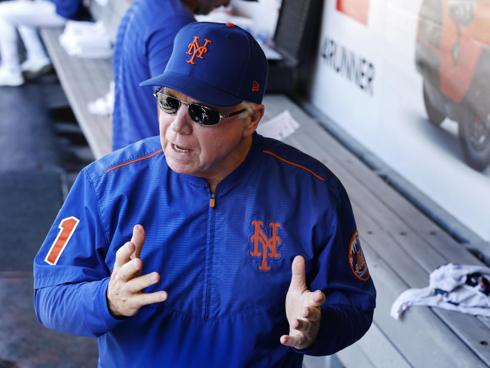 New York Mets manager Buck Showalter in the dugout before the start of baseball game against the Philadelphia Phillies, Sunday, Oct. 1, 2023, in New York. (AP Photo/Noah K. Murray)