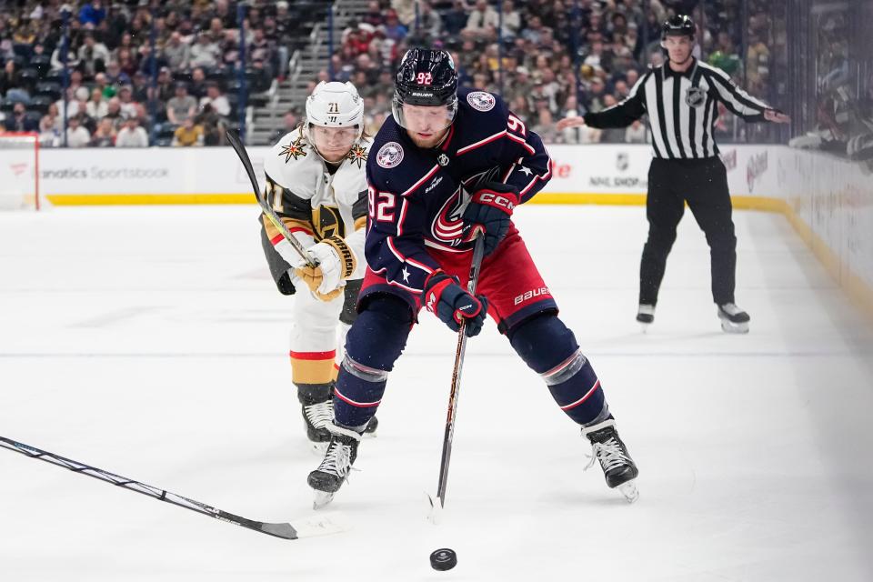 Mar 4, 2024; Columbus, Ohio, USA; Columbus Blue Jackets left wing Alexander Nylander (92) skates up ice during the third period of the NHL hockey game against the Vegas Golden Knights at Nationwide Arena. The Blue Jackets won 6-3.