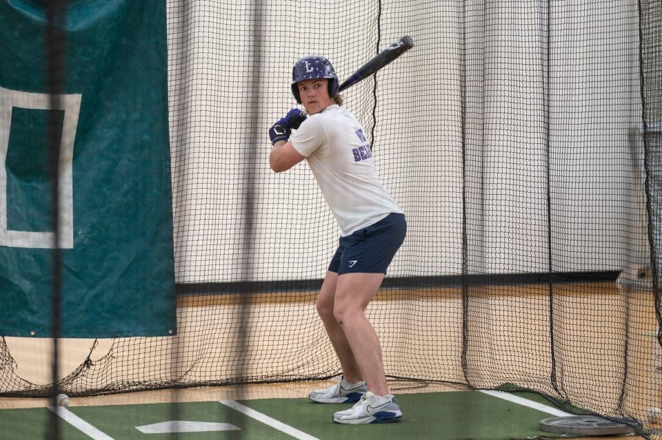 Lakeview player Cade Oxley bats during a practice at Lakeview High School on Tuesday, May 23, 2023.