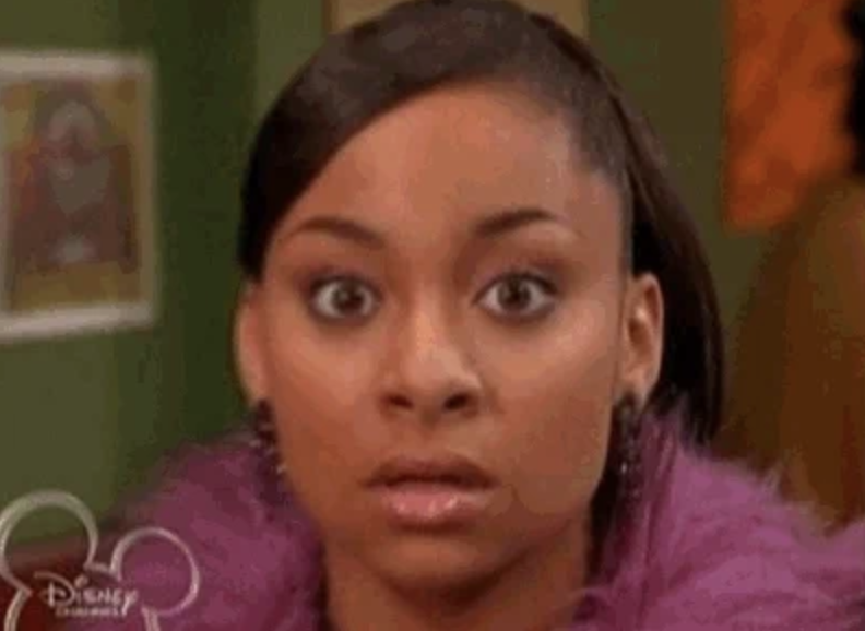 Raven-Symoné appears shocked in a close-up scene from the television show "That's So Raven"