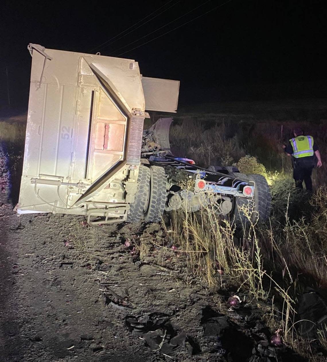 A semi truck and trailer lost its load of onions after a driver crashed into the truck about four miles north of Paterson.