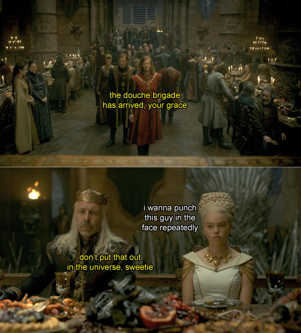 The start of the wedding dinner with fake dialogue, including &quot;The douche brigade has arrived, your grace&quot;