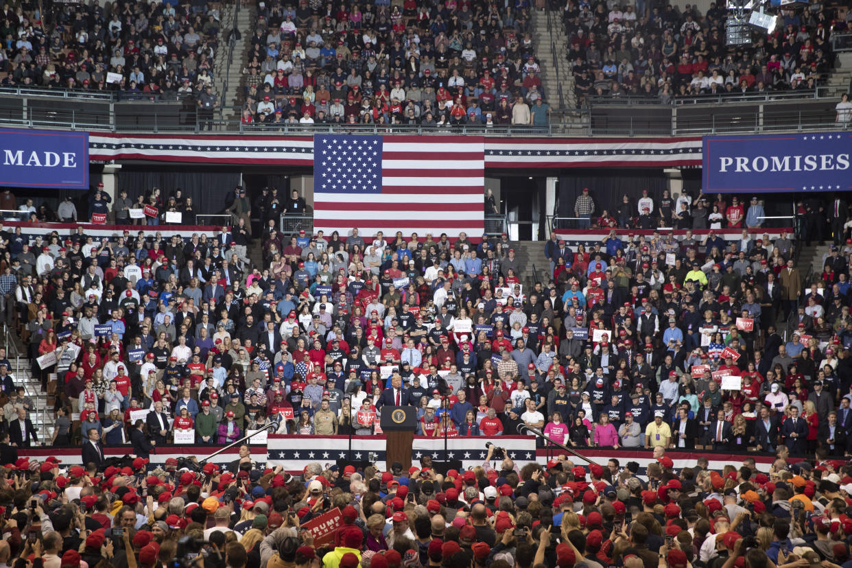 President Donald Trump speaks during a campaign rally, Monday, Feb. 10, 2020, in Manchester, N.H. (Mary Altaffer/AP)