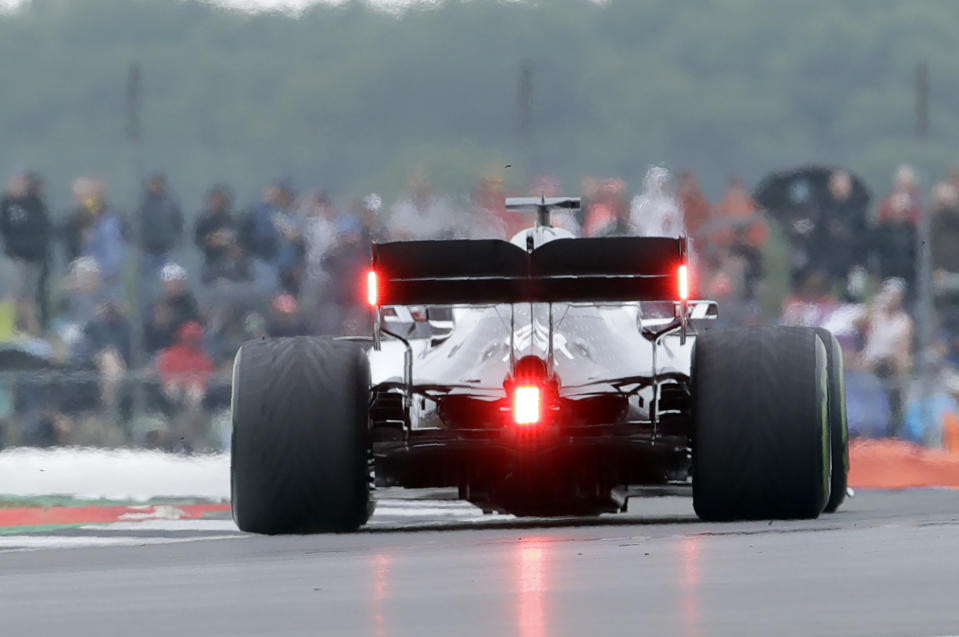 Mercedes driver Lewis Hamilton of Britain steers his car during the third free practice at the Silverstone racetrack, in Silverstone, England, Saturday, July 13, 2019. The British Formula One Grand Prix will be held on Sunday. (AP Photo/Luca Bruno)