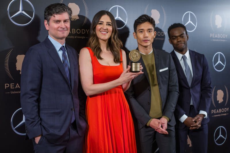 "The Good Place" creator Michael Schur poses with stars, left to right, D'Arcy Carden, Manny Jacinto and William Jackson Harper at the 78th Annual Peabody Awards Ceremony at Cipriani, Wall Street, in 2019 in New York City. File Photo by Steven Ferdman/UPI