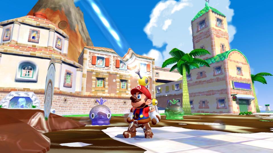 2002: Hallo, Sonnenschein! "Super Mario Sunshine" war der erste Mario-Ableger für Nintendos Konsole GameCube. Originelles Gadget für den Handwerker-König: der "Dreckweg 08/17". Die Hochleistungs-Wasserspritze war bei seiner Mission auf Delfino Island äußerst effektiv. (Bild: Nintendo)