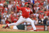 Cincinnati Reds' Tony Santillan throws during the ninth inning of the team's baseball game against the San Francisco Giants in Cincinnati, Saturday, May 28, 2022. The Reds won 3-2. (AP Photo/Aaron Doster)