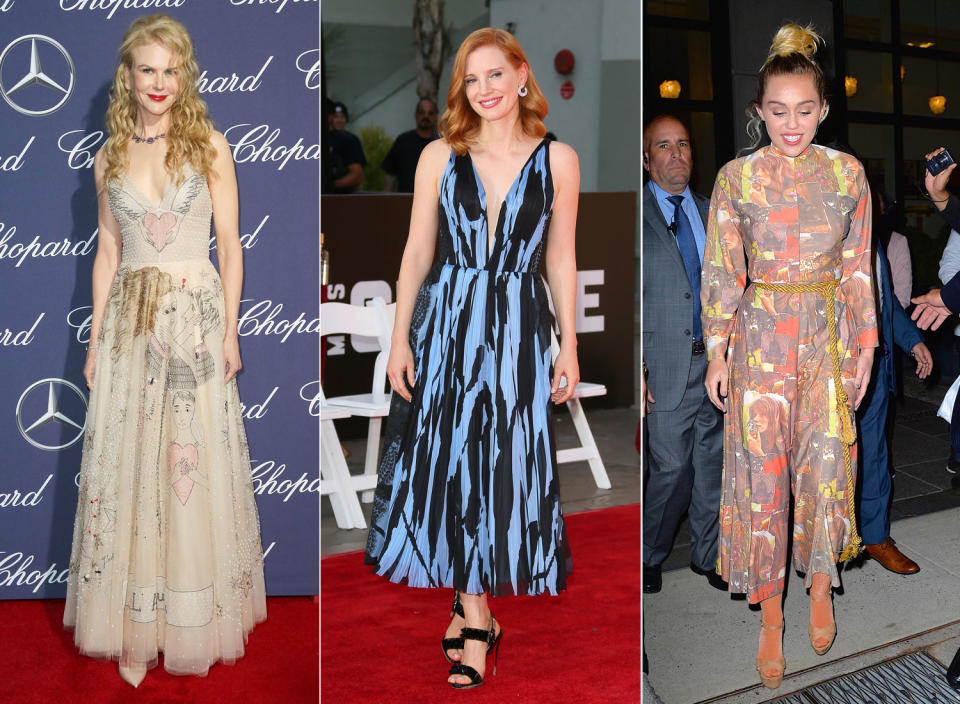 Nicole Kidman, Jessica Chastain und Miley Cyrus zeigen, wie vielseitig Printkleider sein können. (Bilder: Getty Images)