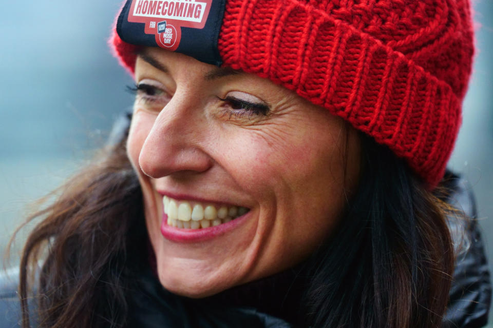 TV presenter Davina McCall at the start line for Olympic diver Tom Daley's bike ride from the Tower of London during his Comic Relief challenge, a gruelling journey from London Aquatic Centre in Stratford, east London, where he won his first Olympic medal in 2012, to his home town of Plymouth. Picture date: Monday February 14, 2022. (Photo by Victoria Jones/PA Images via Getty Images)