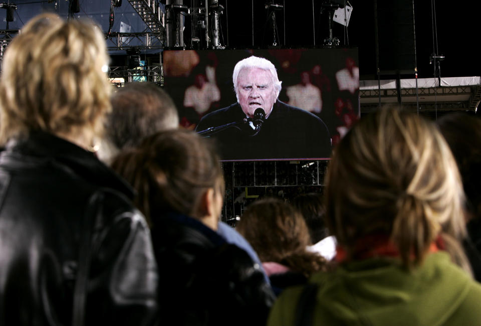 Rev. Billy Graham projected on a large video screen during the final night of a Billy Graham Crusade in Pasadena, Calif., Nov. 21, 2004. (Photo: Kevork Djansezian/AP)