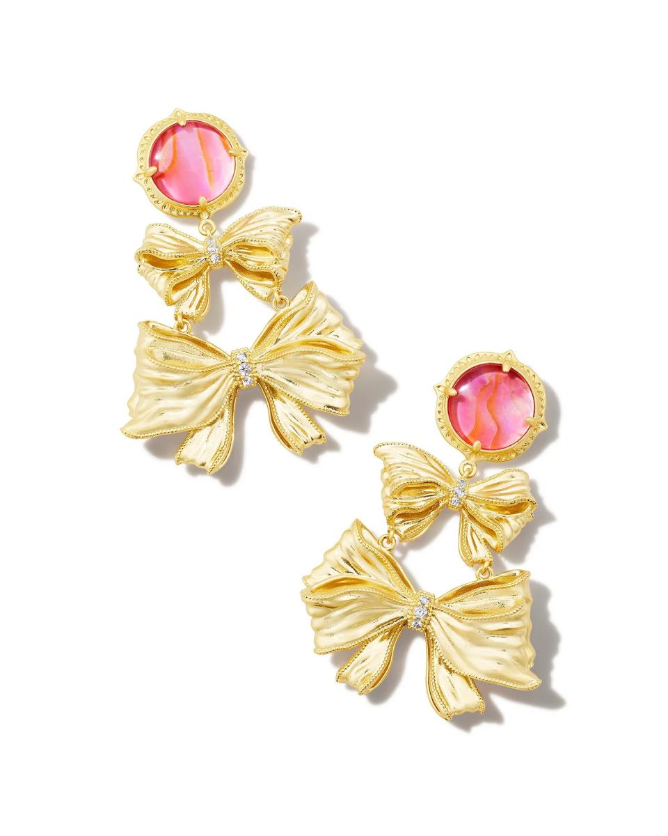 gold bow earrings with pink jewel