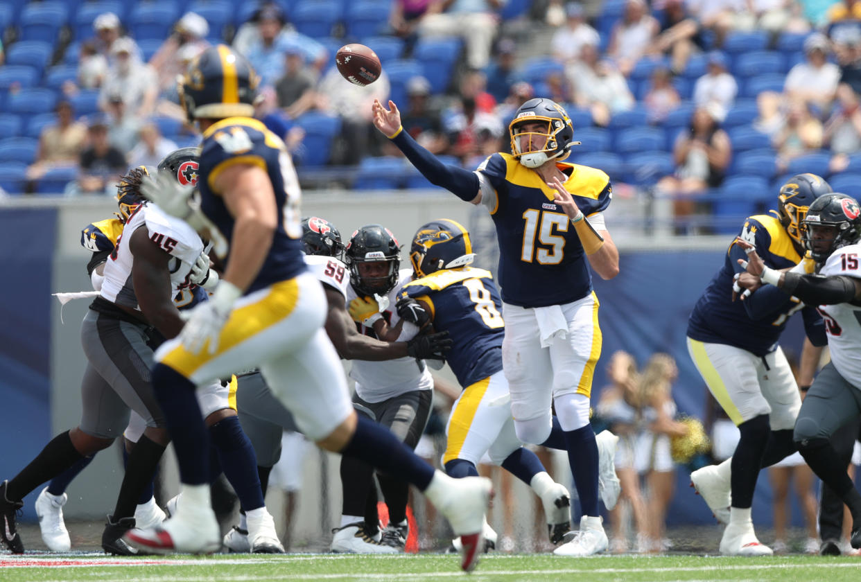 Cole Kelley of the Memphis Showboats throws a pass during a game against the Houston Gamblers on May 27. (Justin Ford/USFL/Getty Images for USFL)