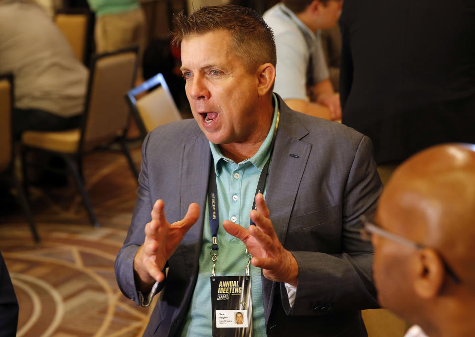 New Orleans Saints head coach Sean Payton speaks to the media during the NFC/AFC coaches breakfast during the annual NFL football owners meetings, Tuesday, March 26, 2019, in Phoenix. (AP Photo/Matt York)