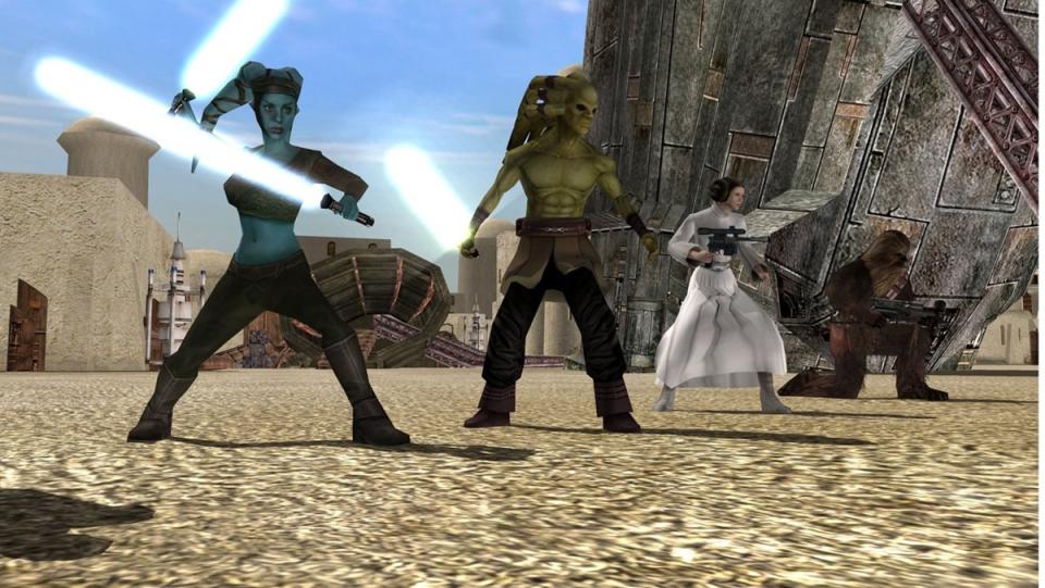 Jedi Ayla Secura, Jedi Kit Fisto, Princess Leia, and Chewbacca in Star Wars: Battlefront.