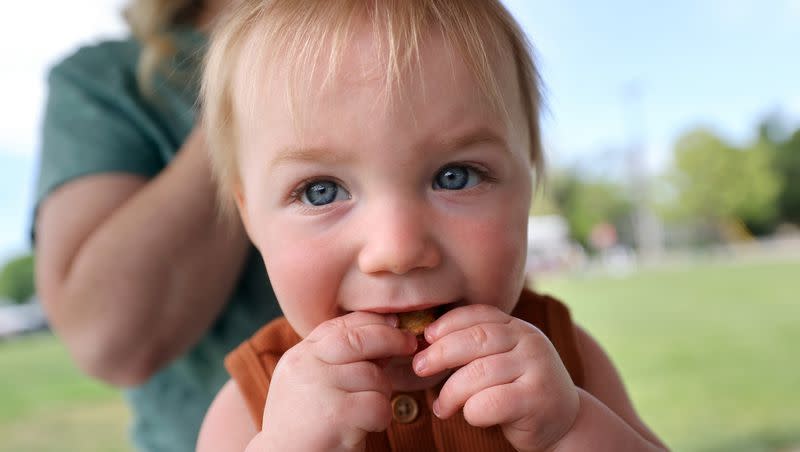 Henry Collier, 10 months, eats a cracker from the Utah Food Bank, as part of the USDA’s Summer Food Service Program, at Downtown Park in Pleasant Grove on Wednesday, May 31, 2023. The Utah Food Bank gave out 140 meals at Downtown Park before moving on to another location.