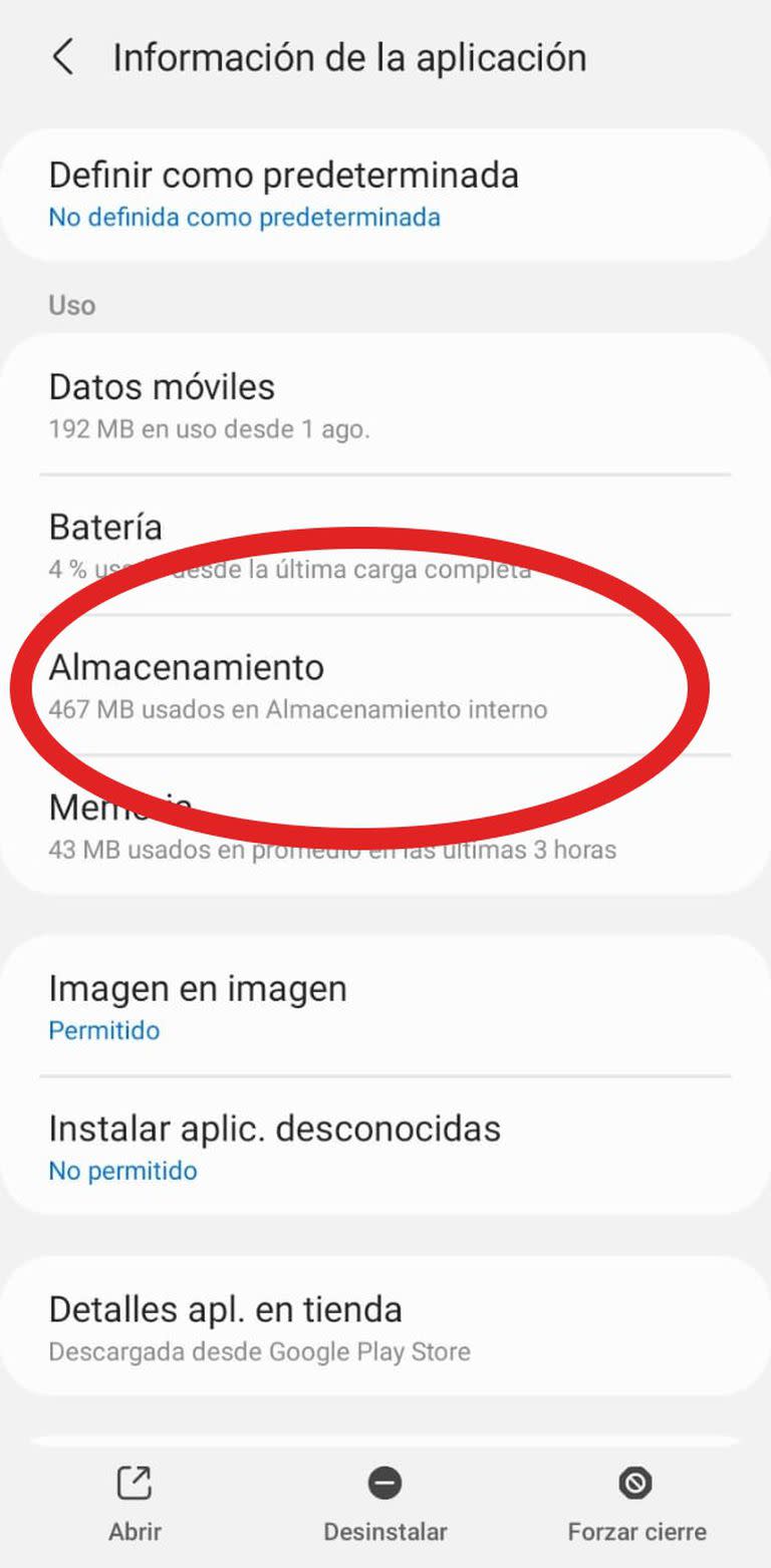 Dentro de WhatsApp, se busca el ícono "Almacenamiento"