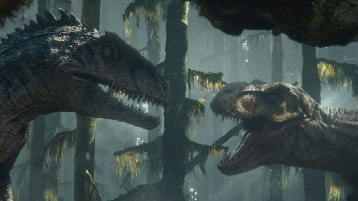 Giganotosaurus and T-rex square off in Jurassic World Dominion. (Universal)