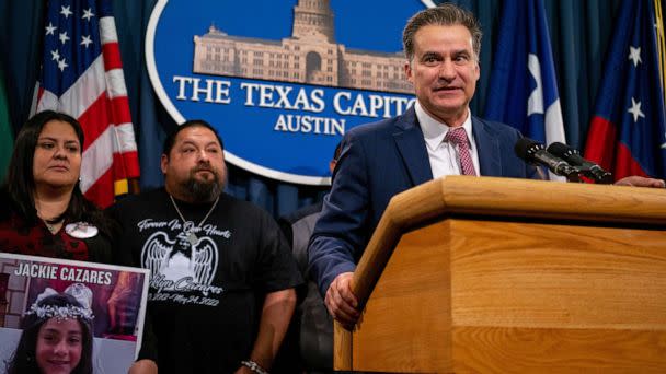 PHOTO: State Sen. Roland Gutierrez speaks during a news conference at the Texas State Capitol, Jan. 24, 2023, in Austin, Texas. (Brandon Bell/Getty Images)