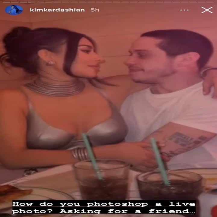A photo of Kim K and Pete Davidson looking lovingly at each other and the words 