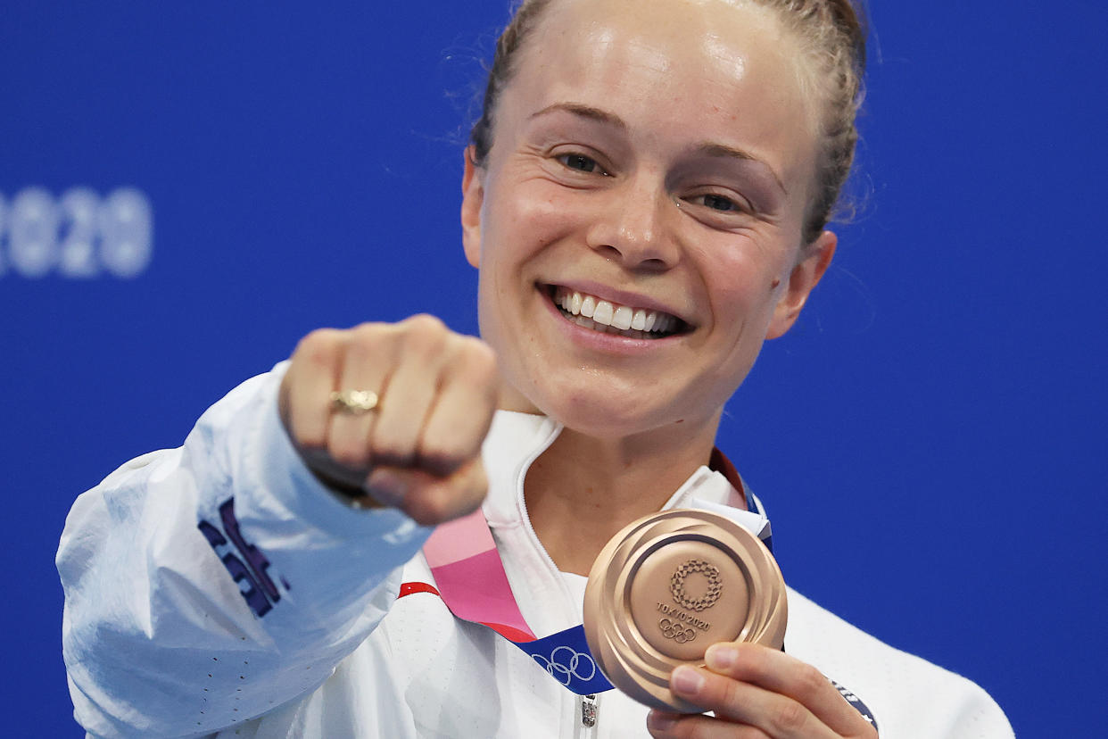 TOKYO, JAPAN - AUGUST 01: Krysta Palmer of Team United States poses with the bronze medal for Women's 3m Springboardon day nine of the Tokyo 2020 Olympic Games at Tokyo Aquatics Centre on August 01, 2021 in Tokyo, Japan. (Photo by Al Bello/Getty Images)