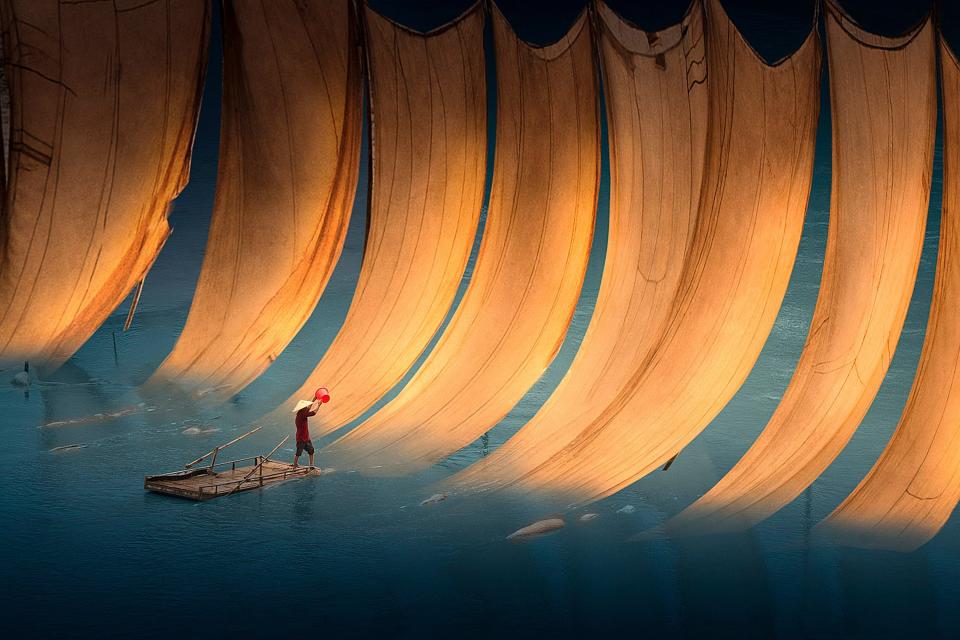 Fishermen in coastal Fujian dry their nets in an intricate fashion.