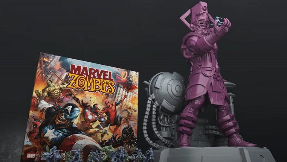 Packaging art for the Marvel Zombies tabletop game from CMON, along with zombie Galactus.