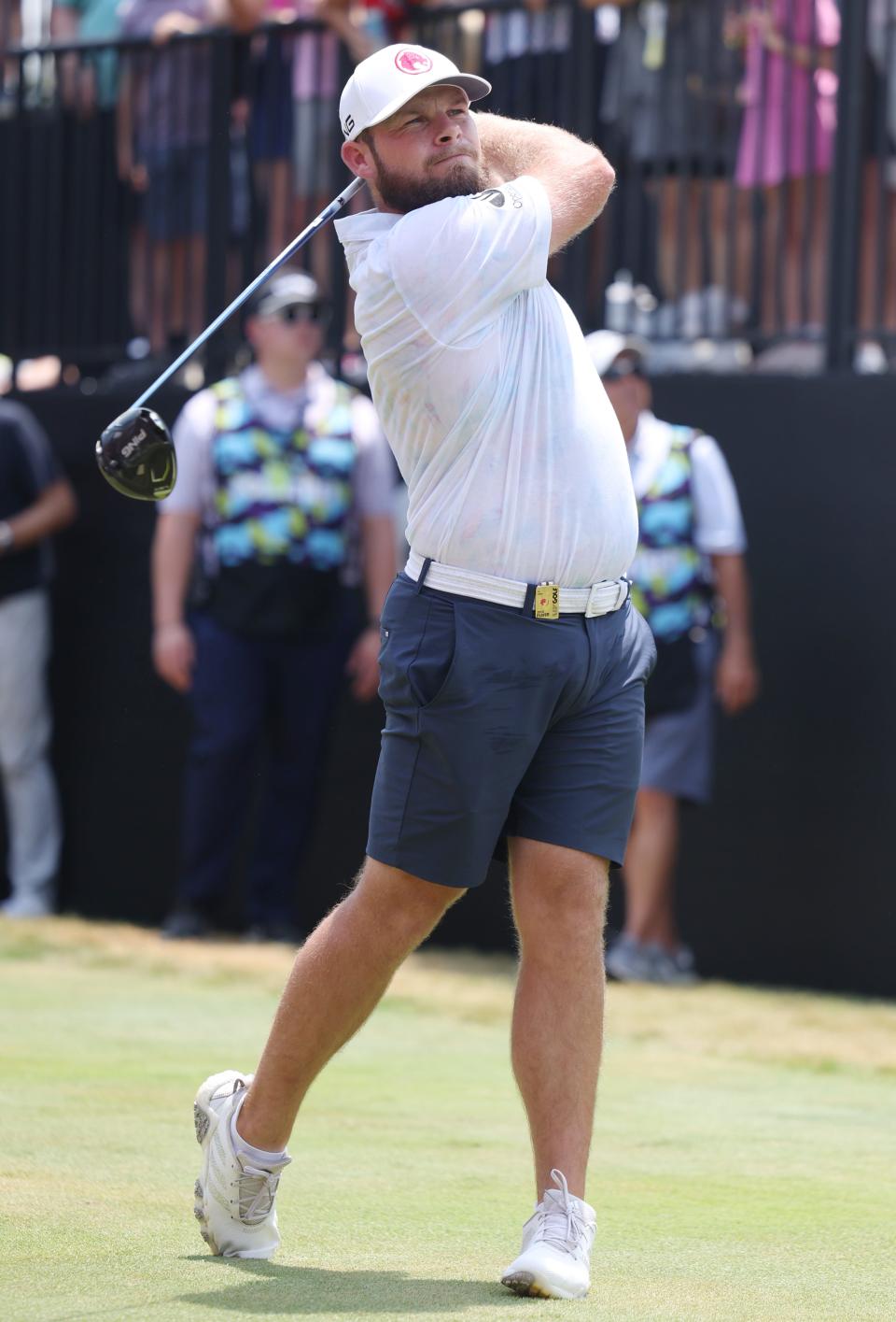 Tyrell Hatton of Legion XIII tees off during round 2 of the LIV Golf Tournament at The Grove in College Grove Saturday, June 22, 2024.