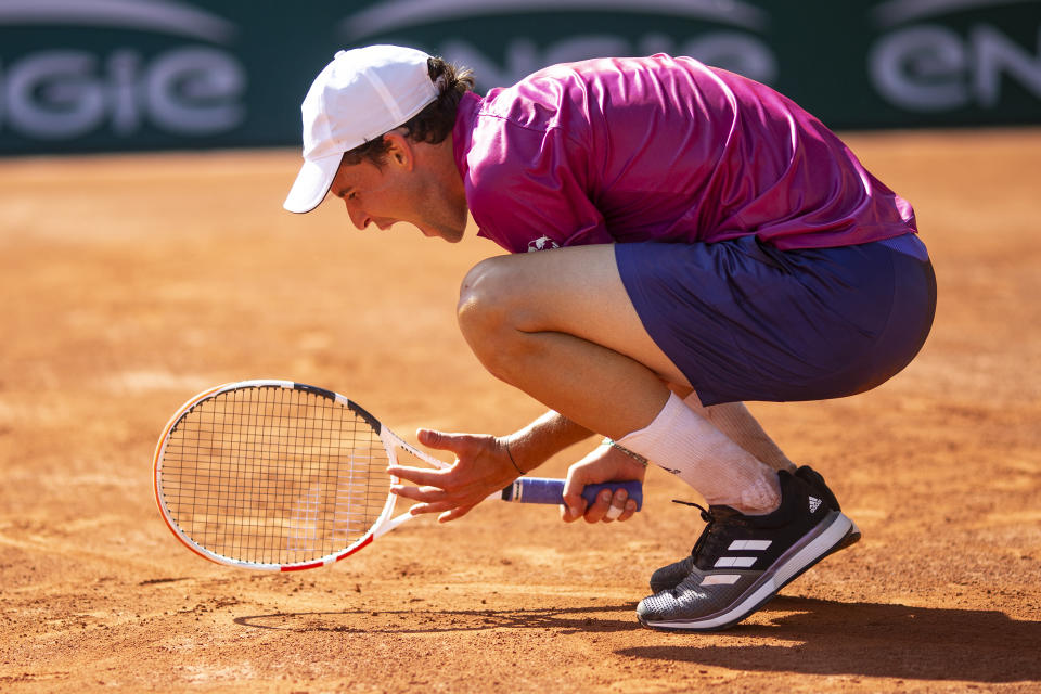 PARIS, FRANCE May 30.  Dominic Thiem of Austria reacts during his five set first round loss against Pablo Andujar of Spain in the Men's Singles competition on Court Philippe-Chatrier on the fist day of the 2021 French Open Tennis Tournament at Roland Garros on May 30th 2021 in Paris, France. (Photo by Tim Clayton/Corbis via Getty Images)