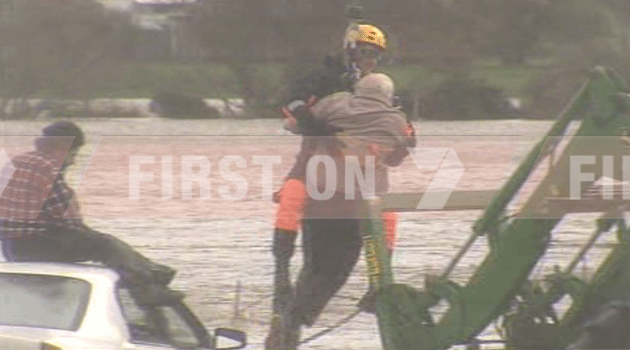 Dramatic rescue of a man who became stuck as he tried to cross a swollen waterway at Buffalo this morning. Photo: 7News