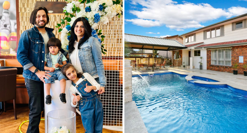 Hemant Benne and his family and their pool.