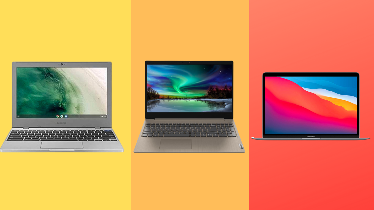 three laptop computers on a colorful background