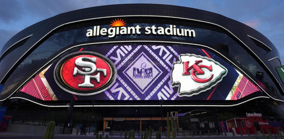 Feb 9, 2024; Las Vegas, NV, USA; A general overall view of Allegiant Stadium, the site of Super Bowl 58 between the San Francisco 49ers and the Kansas City Chiefs. Mandatory Credit: Kirby Lee-USA TODAY Sports