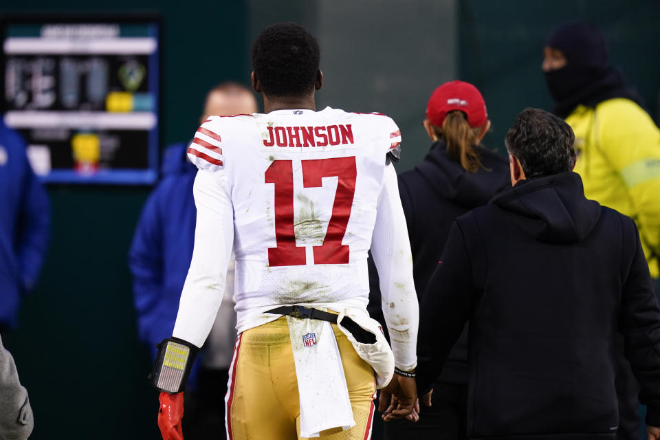 San Francisco 49ers quarterback Josh Johnson leaves the field during the second half of the NFC Championship NFL football game between the Philadelphia Eagles and the San Francisco 49ers on Sunday, Jan. 29, 2023, in Philadelphia. (AP Photo/Chris Szagola)