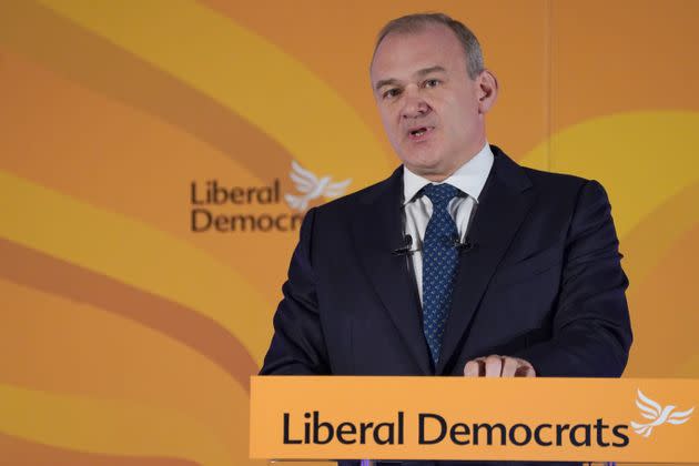 Lib Dem leader Sir Ed Davey gives his keynote address at One Canada Square in east London for the party's annual conference (Photo: Ian West - PA Images via Getty Images)